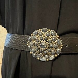 Sz M/L Massimo Dutti Black Leather 1-7/16” Belt with Cabochon Stone Buckle